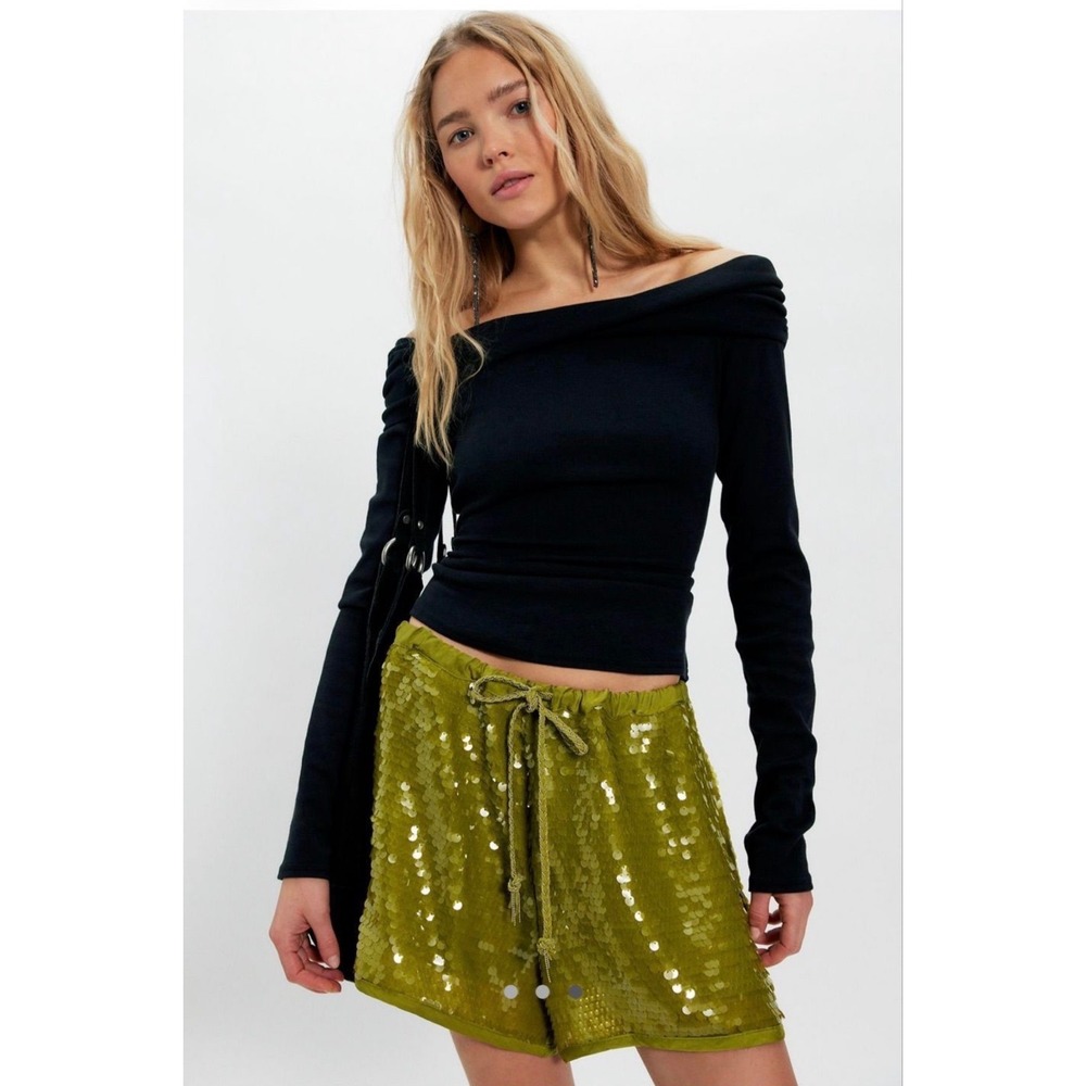 Free People Wisteria Sequin Shorts Small Green Festive Holiday Party Evening New